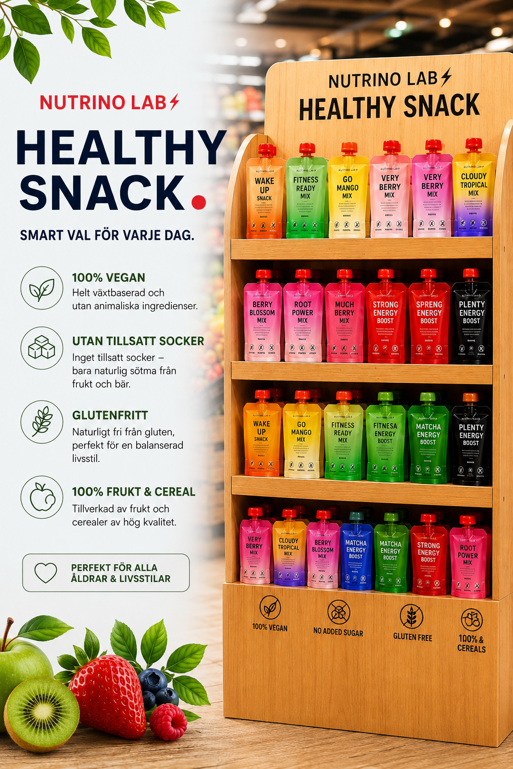 Nutrino Lab Strong Energy Boost – Fruit Puree with Apple, Pear, Passion Fruit & Guarana 180g (10-Pack)