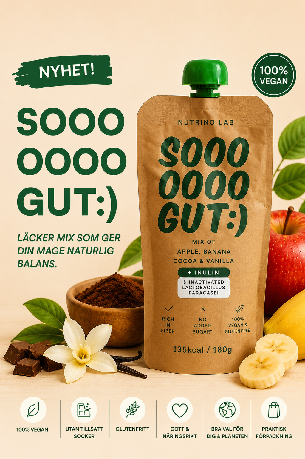 Nutrino Lab SOOOO GUT :) – Functional Fruit Puree with Apple, Banana, Cocoa & Vanilla 180g (10-Pack)
